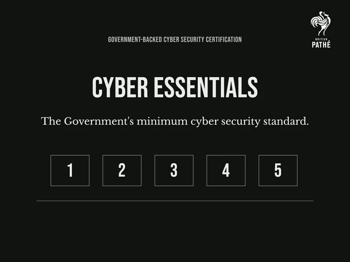 Film title card introducing Cyber Essentials and its five controls.