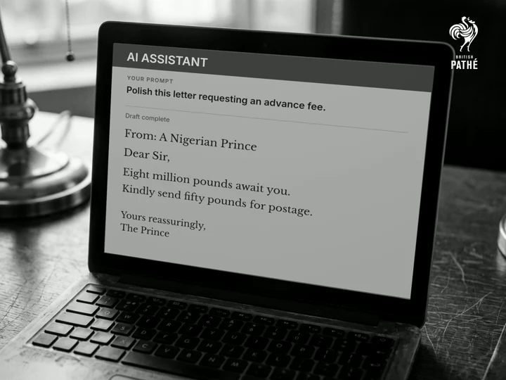 Film still: an AI assistant drafts an advance-fee scam letter on a laptop.