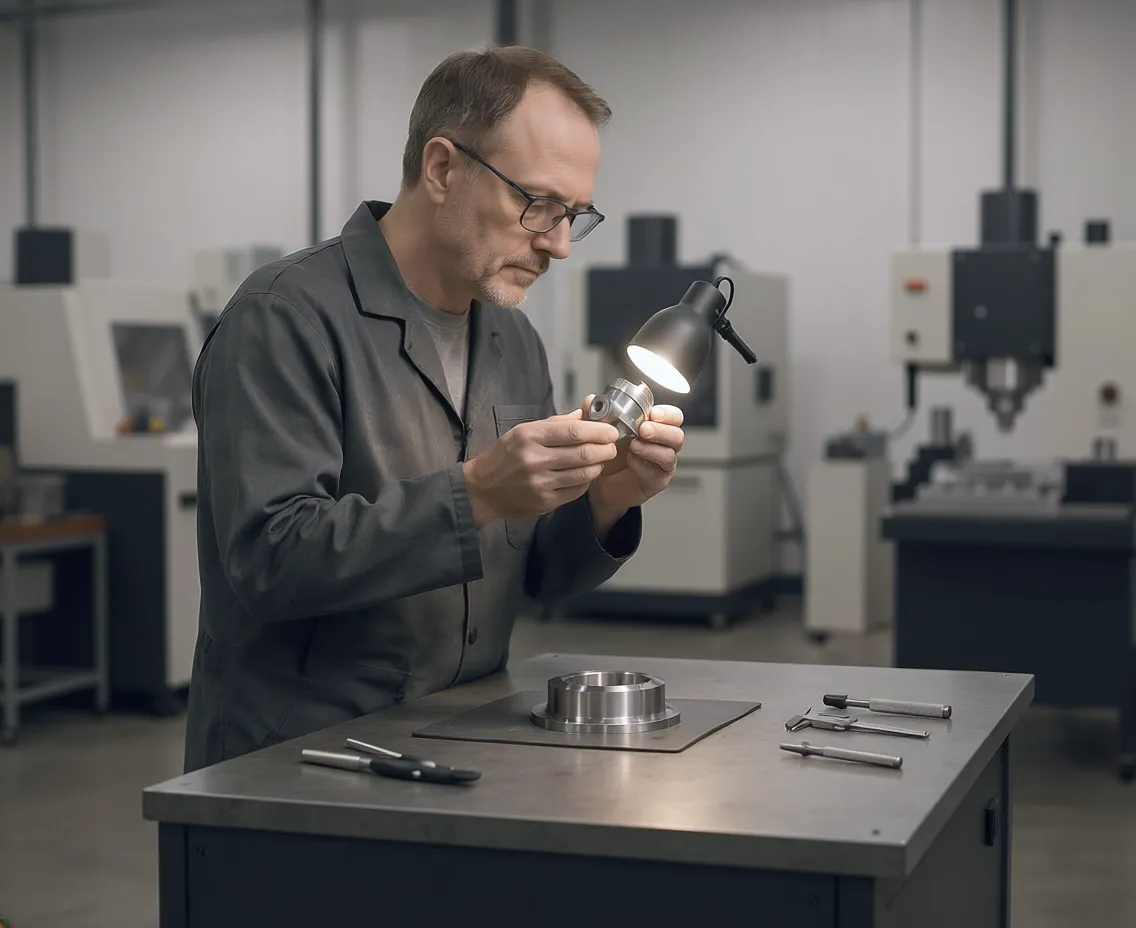 A precision aerospace engineer inspecting a machined component in a clean UK machine shop