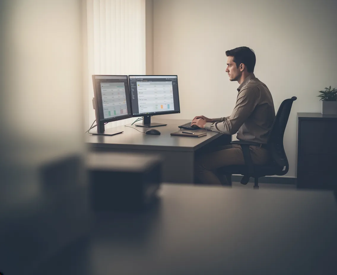 A calm, modern fintech operations space with a professional reviewing secure payment data