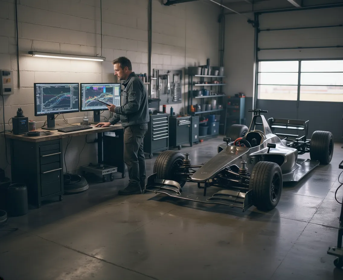 A motorsport engineering garage with an engineer studying telemetry beside a race car