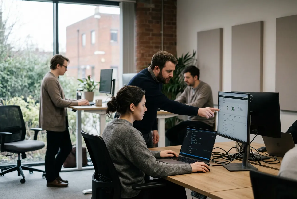 A small UK IT and cyber security team working candidly in their Reading office